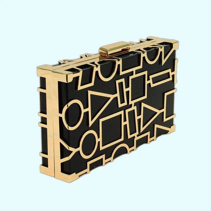Black/Gold Geometric Acrylic Clutch for wholesale by Betsy Dare