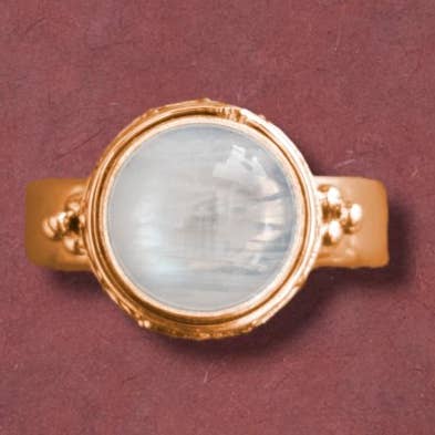 Round Rainbow Moonstone Ring With Designed Band for wholesale by Tidepool