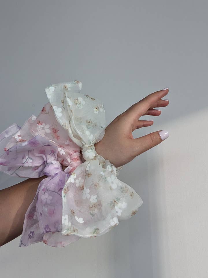 Handmade Floral Organza Hair Bow Scrunchies for wholesale by Janzy