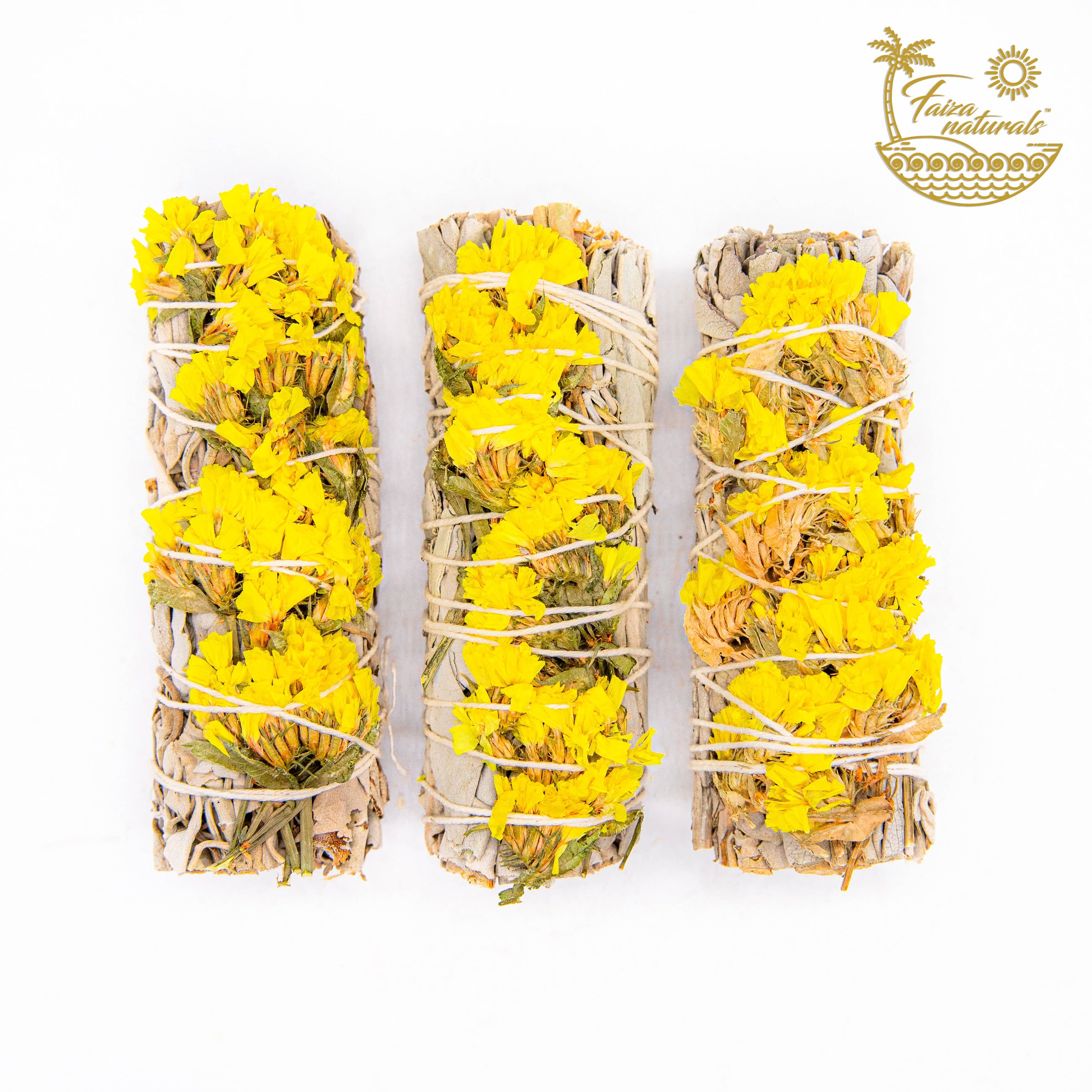 Faiza Naturals - Wholesale Sage Bundle - Yellow Sinuata Flower with White Sage Bundles