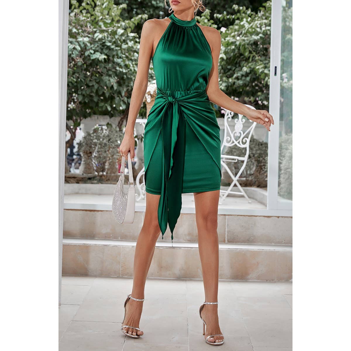 BEIGE Sleeveless Halter Satin Belt Fit Short Dress for wholesale on Faire10