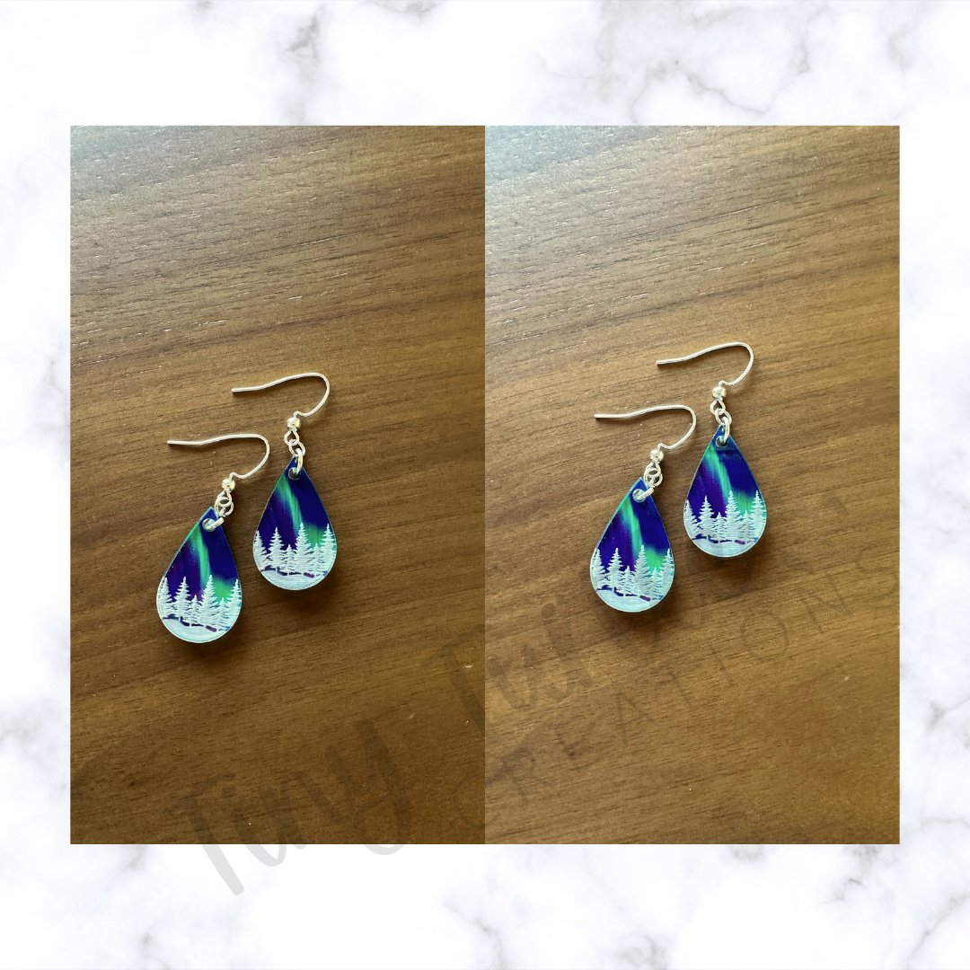 Tiny Turtle Creations - Vente Boucles d'oreilles pendantes - Boucles d'oreilles en acrylique en forme de goutte gravées Aurora Forest3