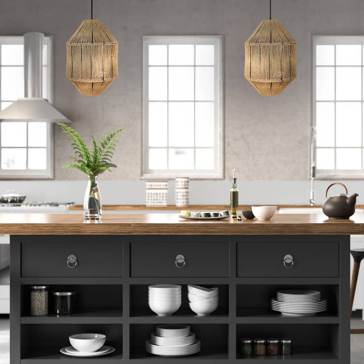 17"W Imani Black and Tan Jute Pyramid Pendant Light for wholesale by River of Goods