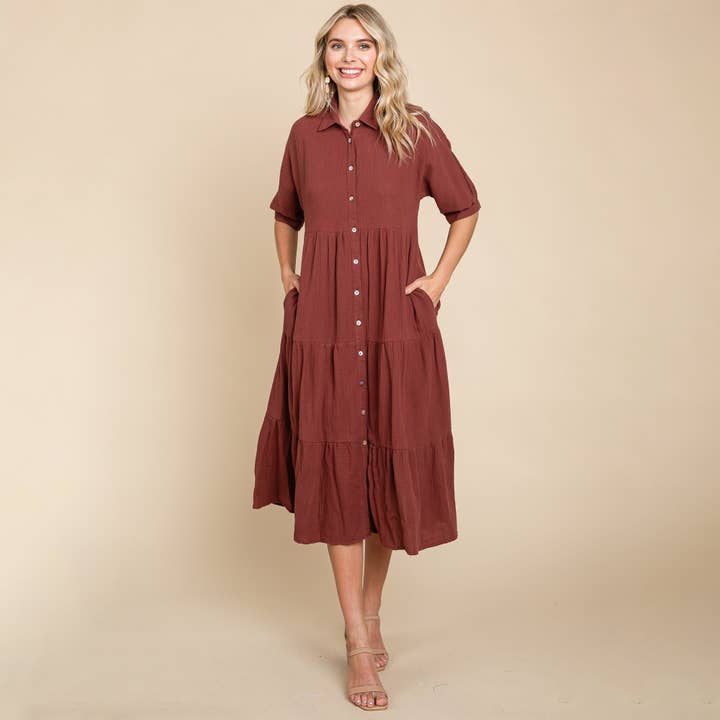ROLYPOLY - Wholesale Dress - Women's - Tiered Double Gauze Cotton Midi Shirt Dress13