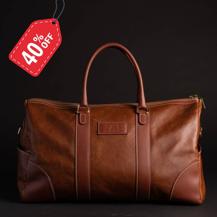 The Shield Duffle- Cognac Full-Grain Leather Duffle Bag Made in Canada for wholesale by NAB LEATHER
