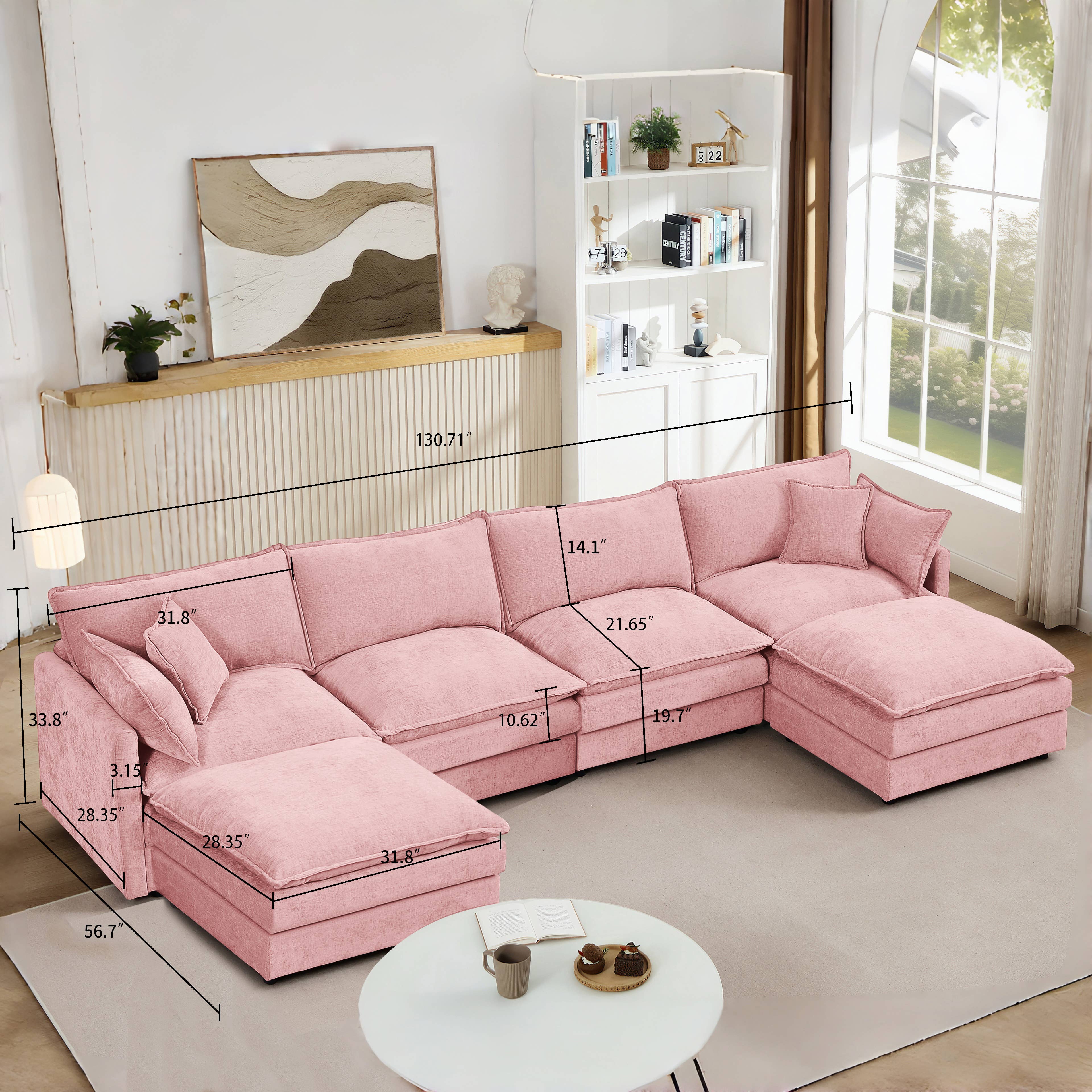 39F Inc. - Wholesale Sofa - Lunara 130" U-Shaped Sectional Sofa w 2 Ottomans,7 Colors8