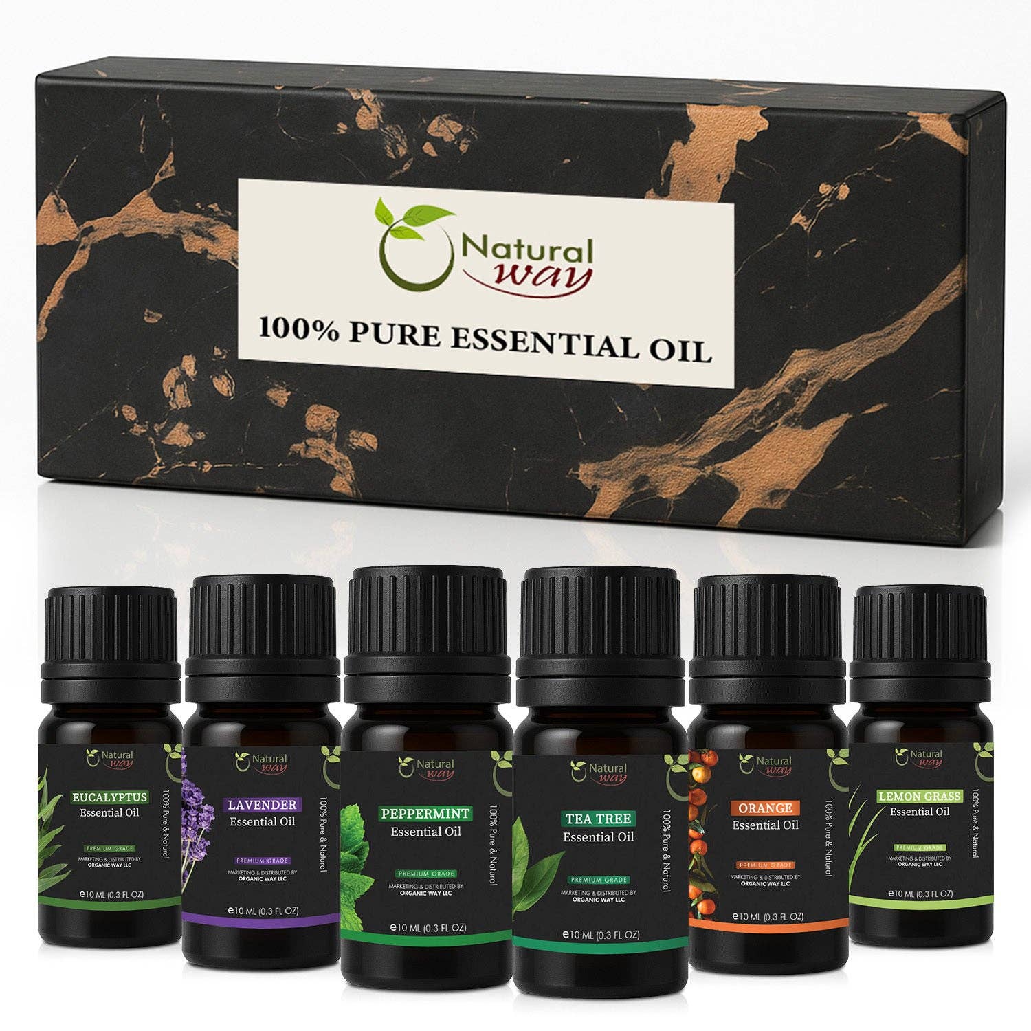 Organic Way LLC - Wholesale Etherische olie - 100% puur cadeaupakket met 6 essentiële oliën | Premium aromatische oliën | Sinaasappel, lavendel, citroengras, eucalyptus, pepermunt, tea tree | Oorsprong India (10 ml per stuk)0