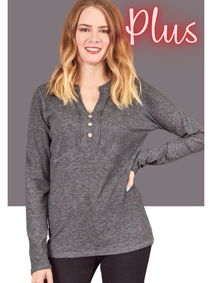 P.S Kate - Wholesale Knit Top - Women's - 2tone rib V neck top 13007-PLUS3