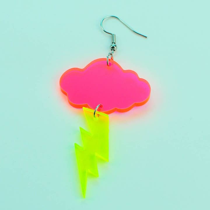 Neon Cloud and Lightning Bolt Acrylic Earrings for wholesale by Betsy Dare