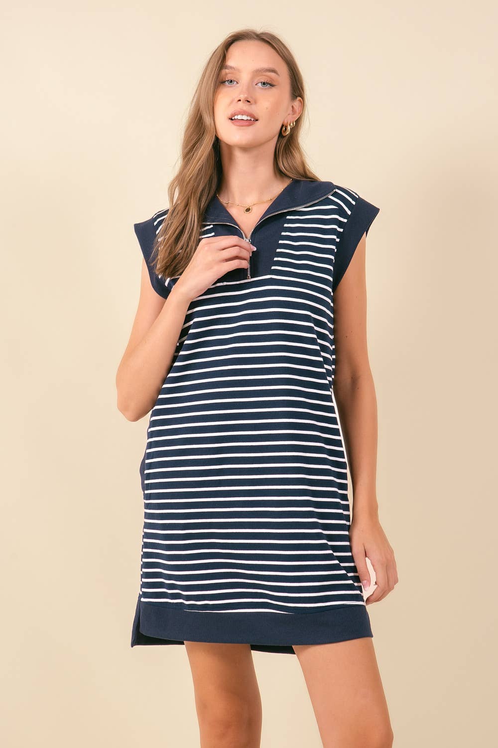 Doe and Rae - Wholesale Dress - Women's - STRIPED FRENCH MINI DRESS W/ SIDE POCKETS - 27871D1