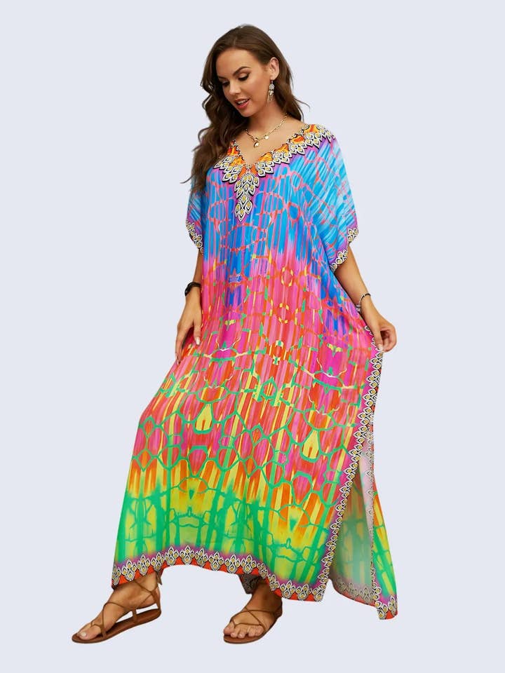 Robes d'été kaftan, cordons à pampilles à la taille, multicolore, taille unique pour la vente par Miss Lavish London