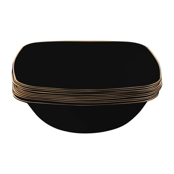 EcoQuality – wholesale Salad plate – 16oz Disposable Plastic Black Square Salad Bowl with Gold Rim Organic Collection