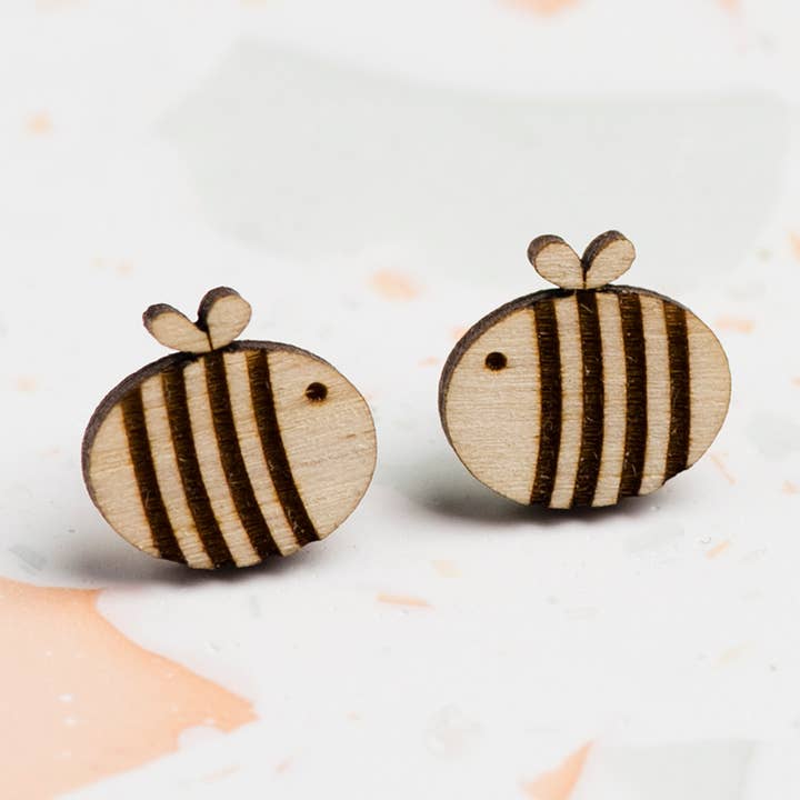 Wooden Bumble Bee Stud Earrings for wholesale by Ginger Pickle