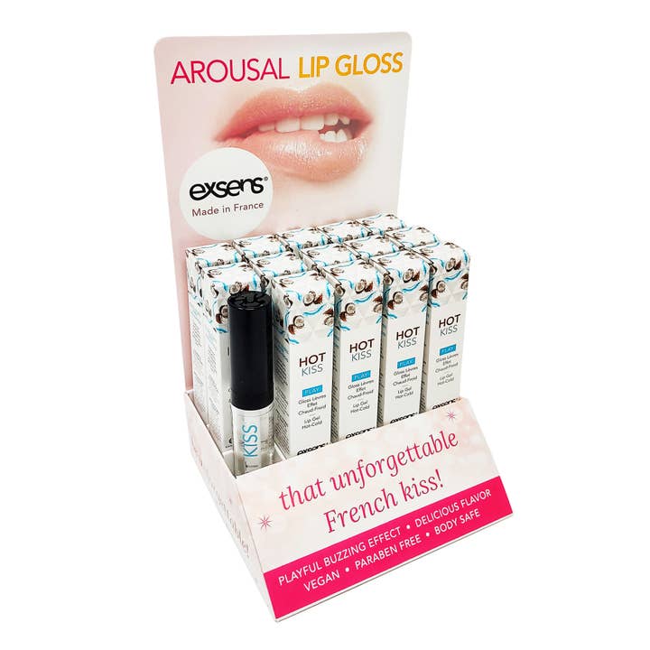 Expositor POS de brillo labial Hot Kiss Tingling de EXSENS, color coco para venta al por mayor de EXSENS