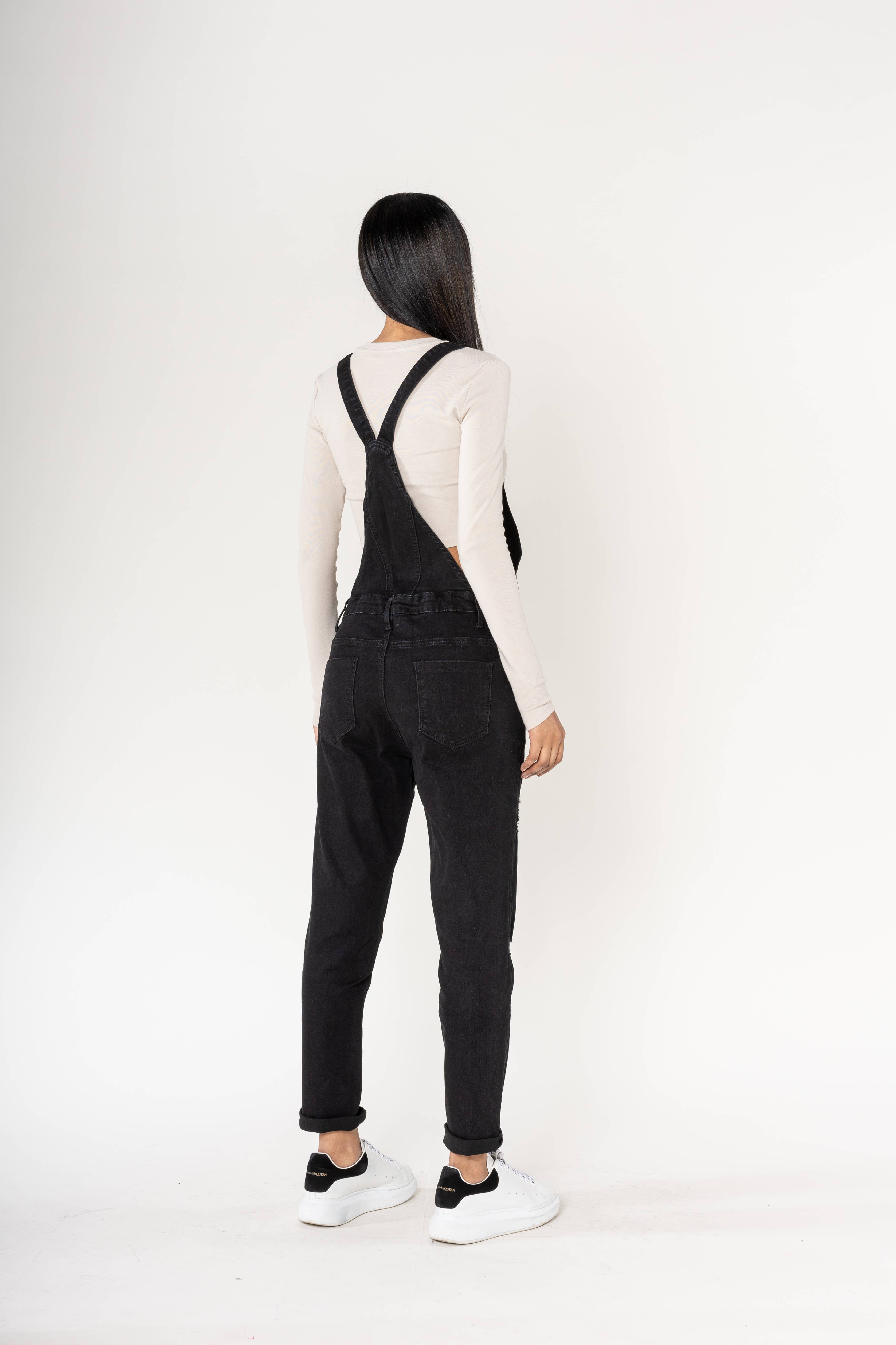 Nina Carter - Wholesale Overalls - Women's - Destroy denim overalls in wide stretch boyfriend jeans S53510