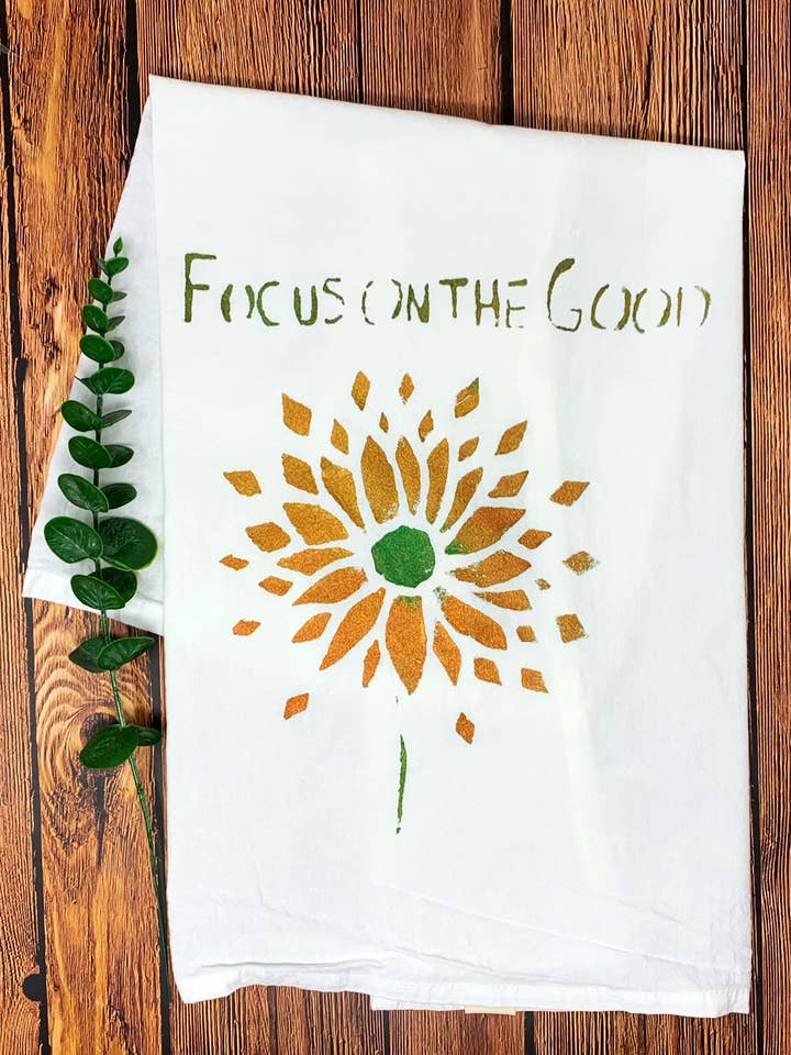 Focus on the Good Hand Painted Dish Towel for wholesale by Third Wolf Designs