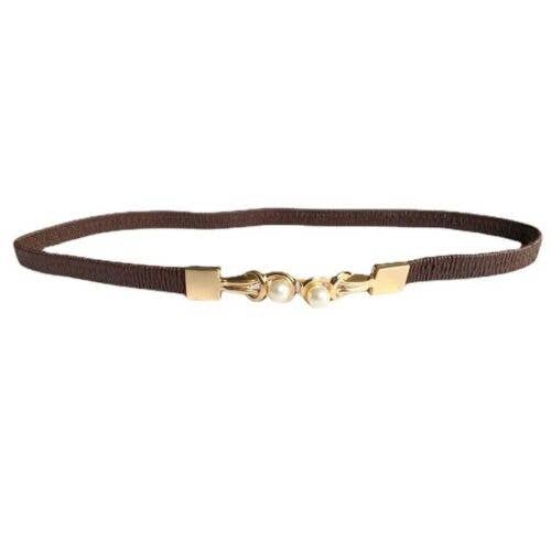 Brun og guld perle rund spænde justerbart tyndt elastisk bælte til kvinder for engroshandel hos Fleur de lys collections