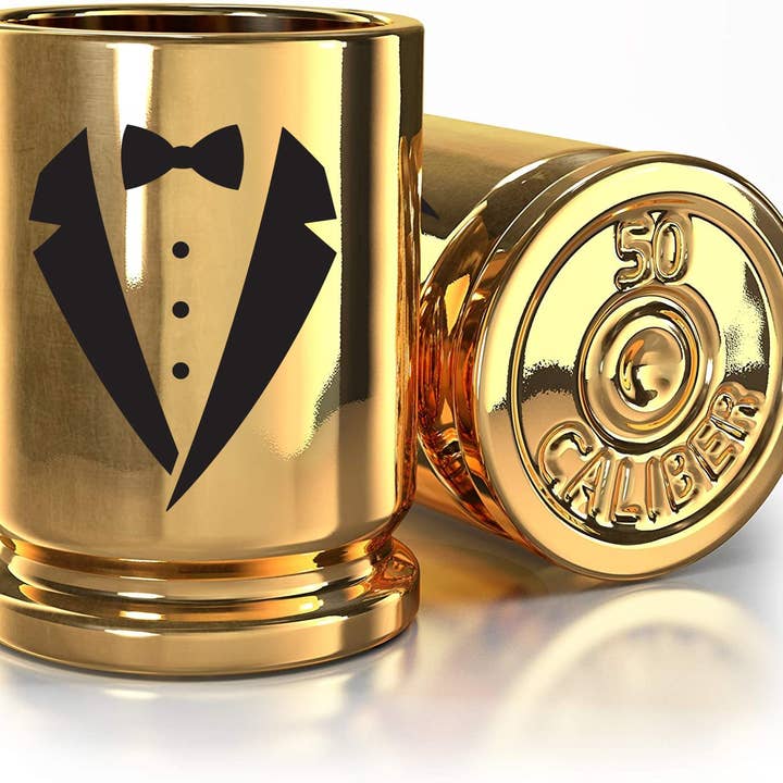 Juego de vasos de chupito Groomsmen Tuxedo, calibre 50, de cerámica y latón para venta al por mayor de Old Southern Brass