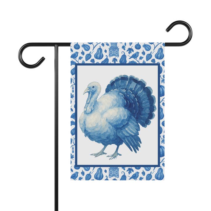 Blue & White Watercolor Turkey Thanksgiving Garden Flag for wholesale by Design Carolinas