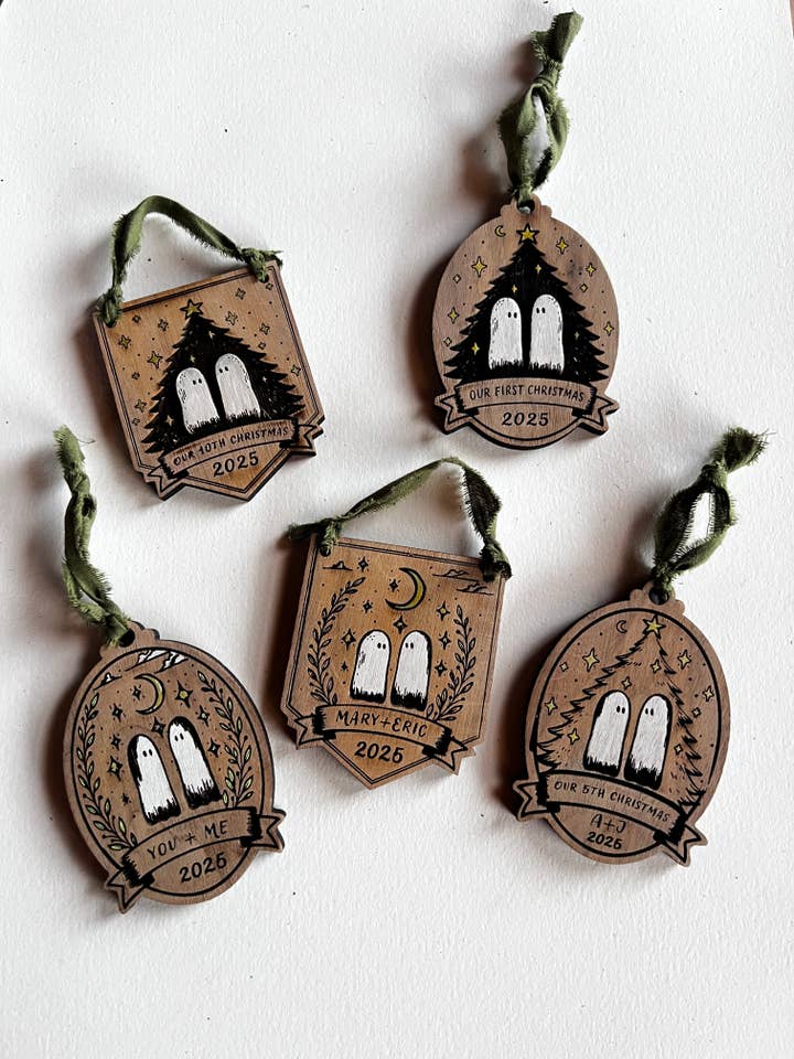 Ghost Couple Wooden Christmas Ornament in Walnut | Cute Spooky Holiday Keepsake (Personalize Year + Banner for $10) for wholesale by Figs & Ginger