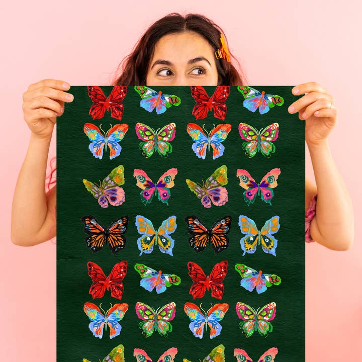 Pink Puddle Studio - Wholesale Tea Towel - Butterflies Green Kitchen Tea Towel