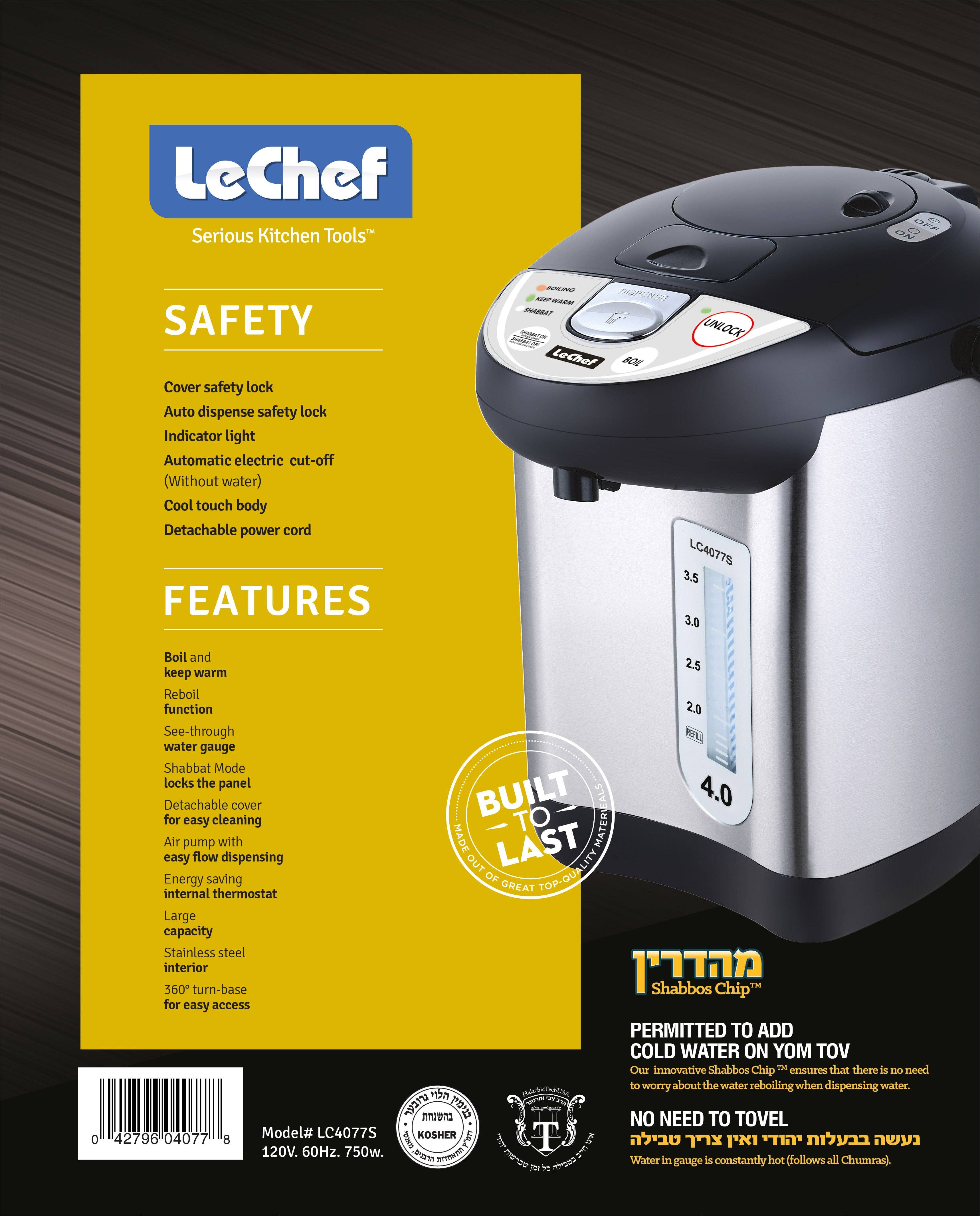 Alpine - Wholesale Kitchen Appliance - LE'CHEF ELECTRIC HOT WATER POT 4.0 QT MODEL# LC4077S WITH SHABBAT MODE2