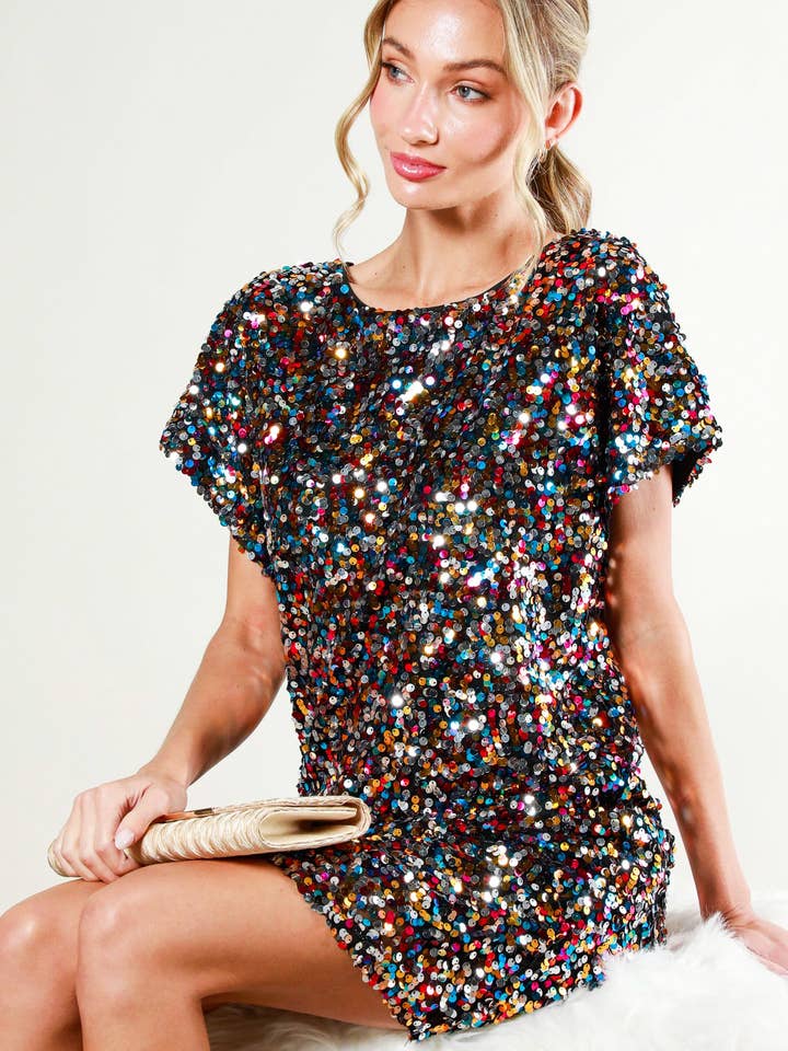 Multi Color Sequin Embellishment Boat Neck Dress VD70139A for wholesale by Vine & Love