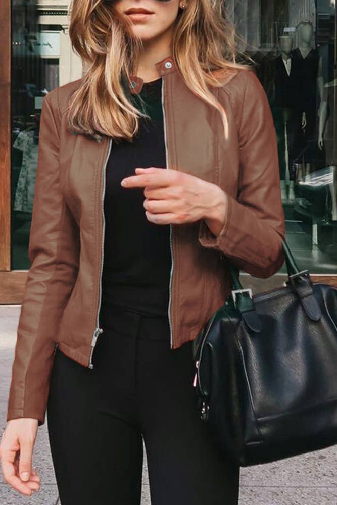 UNISHE - Wholesale Leather Jacket - Women's - PU Leather Zipper Short Jacket ZK3656