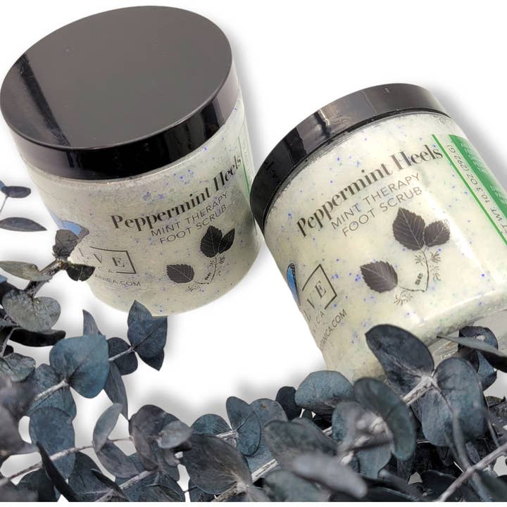 Peppermint Heel Nourishing Essential Oil Foot Scrub 10oz for wholesale by Evolve Botanica