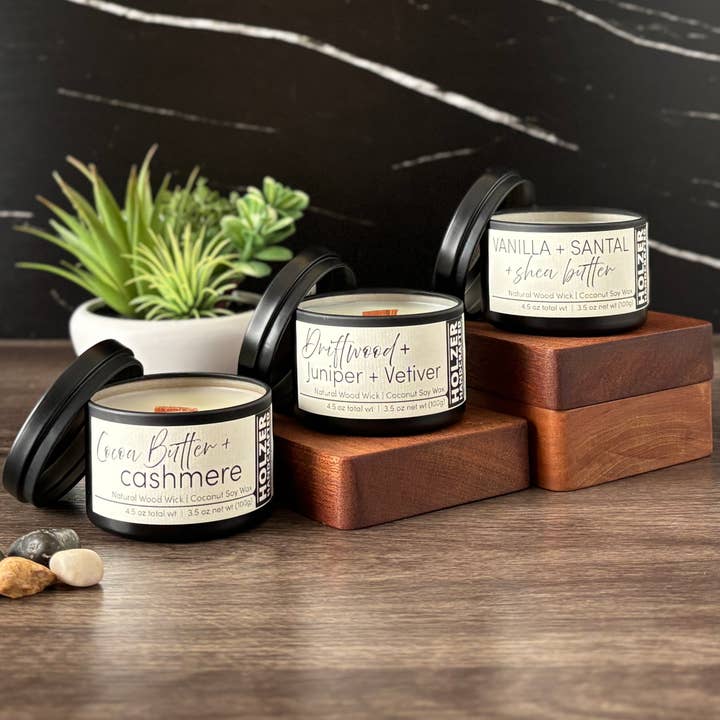 Mini Candle Trio Gift Set | Hand-poured Wood Wick Travel Candles | Coconut Soy Wax | 4 oz Modern Tin with Lid | Cocoa Butter + Cashmere | Driftwood + Juniper + Vetiver | Vanilla + Santal + Shea Butter | Handmade for wholesale by Holzer Handcrafted ®