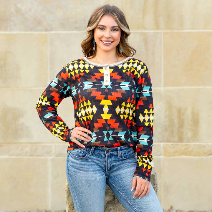 Multi Color Geometric Print Long Sleeve Top for wholesale by Your Fashion Wholesale