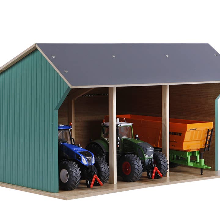 Jouet de cabanon de ferme en bois à l'échelle 1:32 pour 3 tracteurs, grande taille pour la vente par American Hobbies & Merchandising