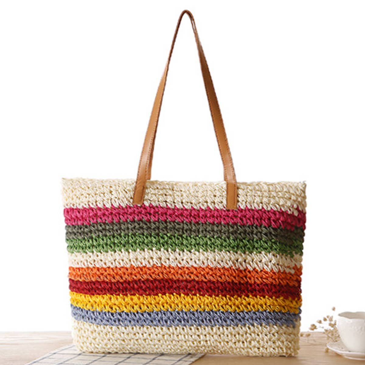 ACCITY - Wholesale Beach Bag - FOREST RAINBOW STRIPED STRAW SHOULDER BAG_CWAB20130