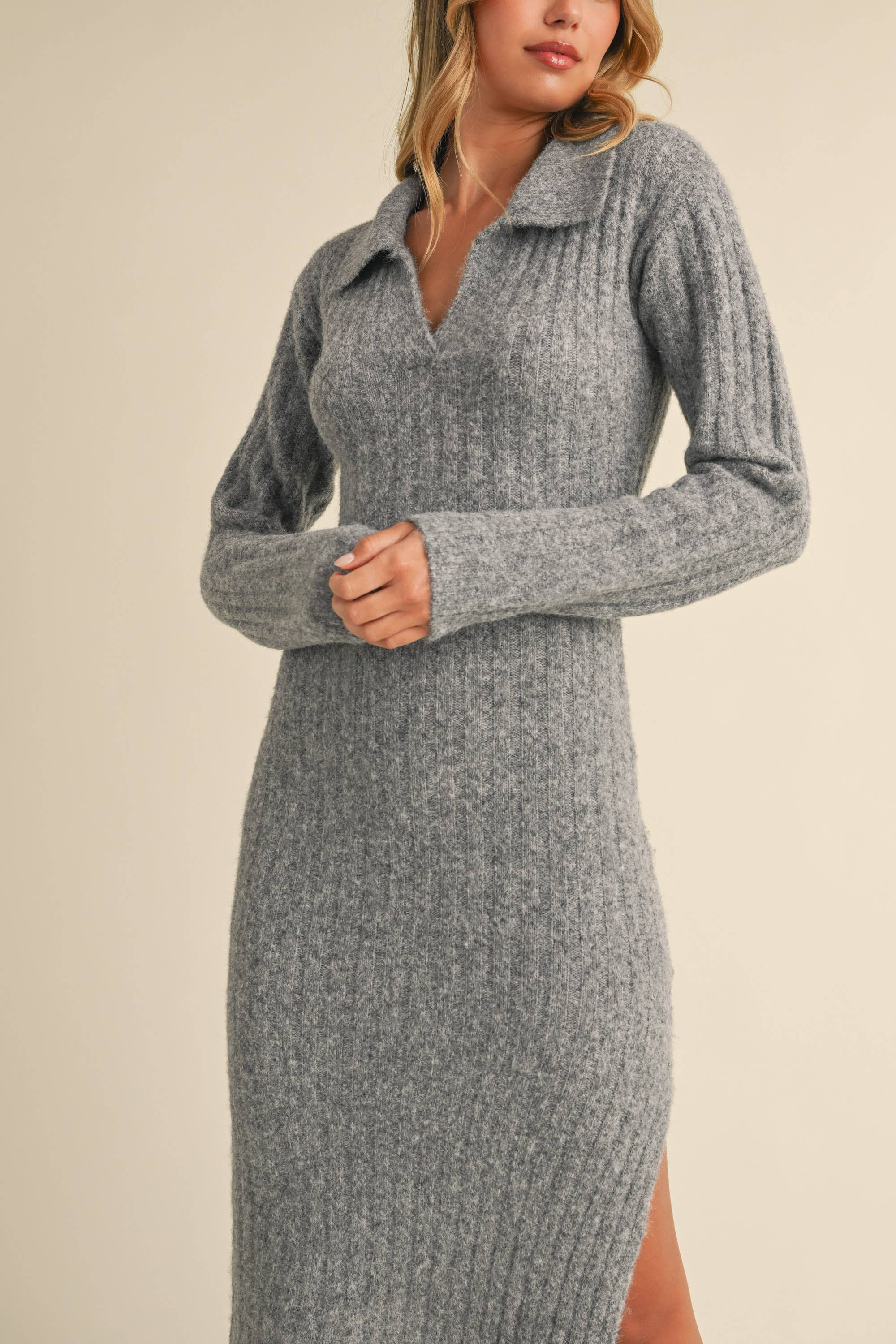 Klesis - Wholesale Dress - Women's - ID8811 COLLAR SWEATER MIDI DRESS WITH LONG SLEEVES9