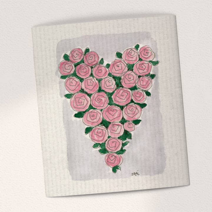 Paño de cocina compostable con forma de corazón rosa en celulosa/algodón para venta al por mayor de Sari's ArtWork