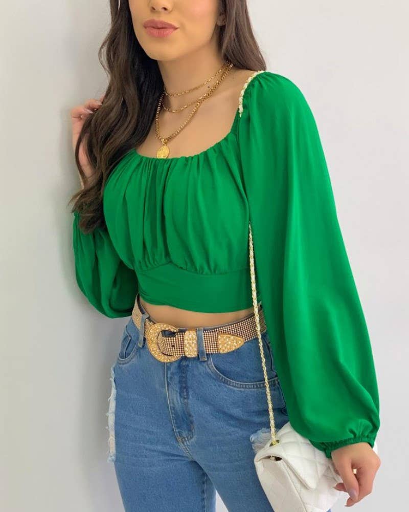 HIDDENBRAND - Wholesale Blouse - Women's - Crop Top Balloon Sleeve Straight-Neck Shirt9