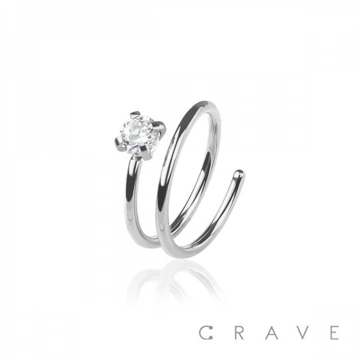 CRAVE BODY JEWELRY - Wholesale Single earring - ROUND CZ PRONG SET END DOUBLE HOOP ANNEALED 316L SS NOSE RIN2