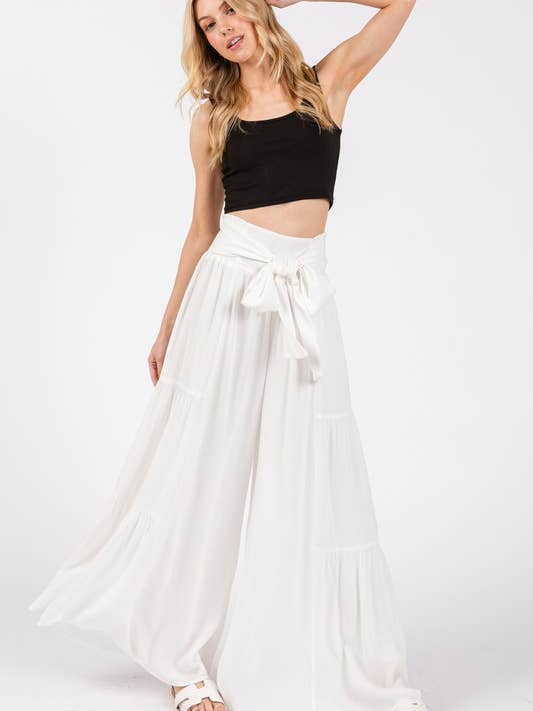 Woven Solid Waist Bow Tie Wide Leg Pants - VNP70271A-L for wholesale by Final Touch