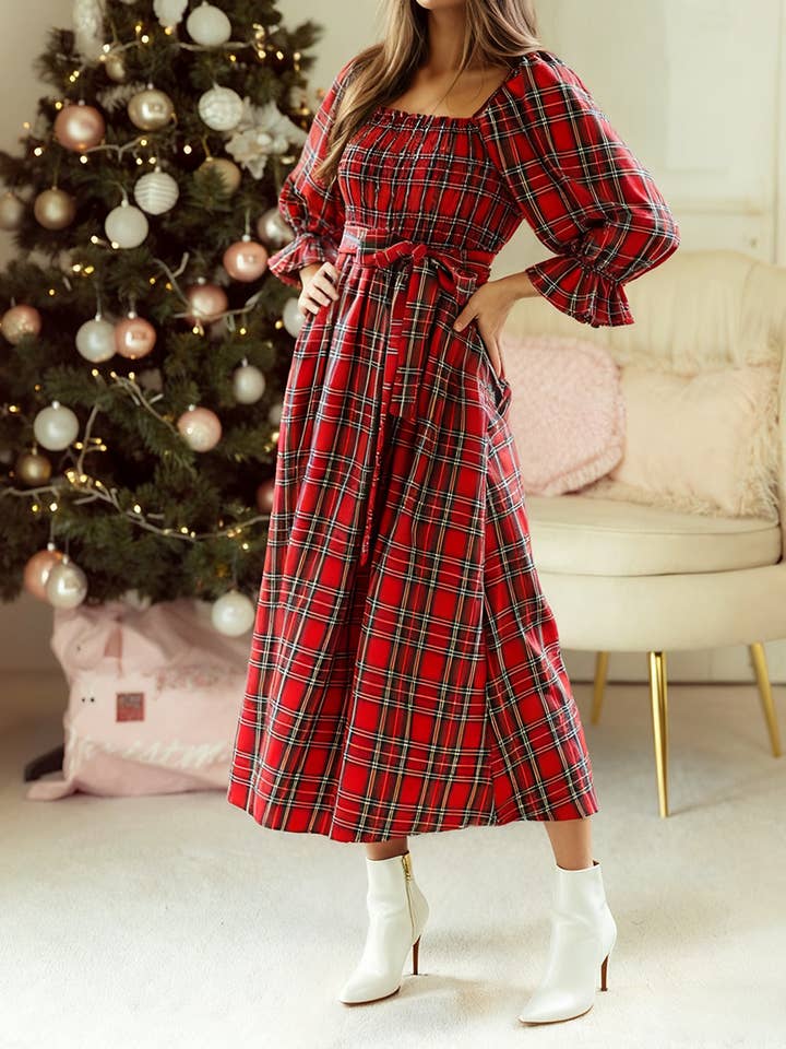Plaid Square Neck Puff Sleeve Knot Waist Flared Midi Dress for wholesale by 1 the Woman