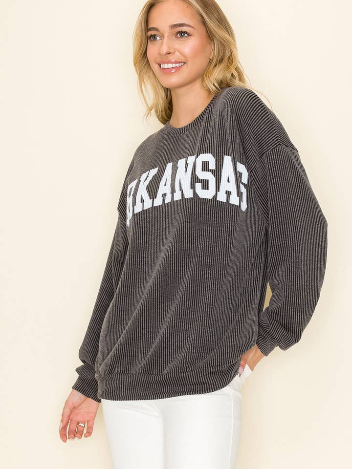 Tres Bien, Inc - Wholesale Graphic Sweatshirt - Women's - "ARKANSAS" RIBBED GRAPHIC L/S SWEATSHIRT GAME DAY