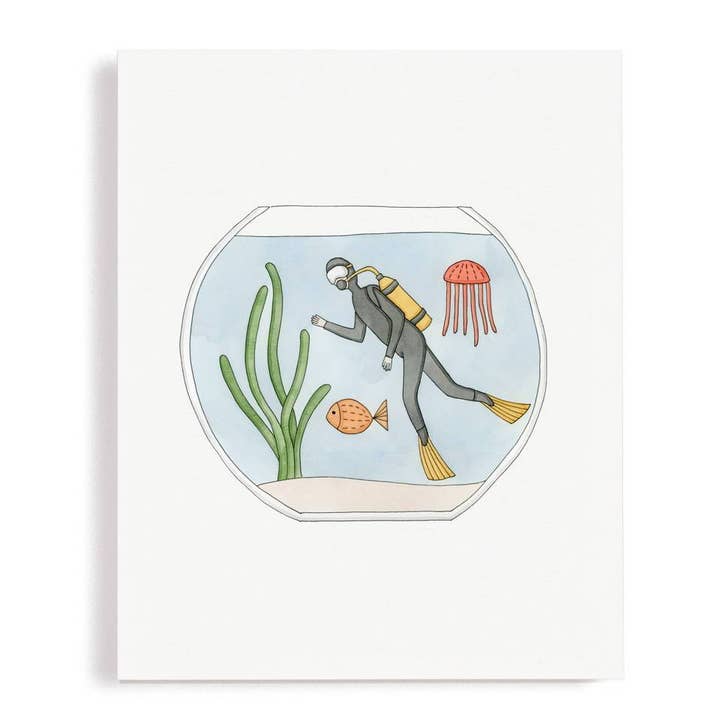 Scuba Diving in a Fish Bowl Art Print for wholesale by Say Something Cards