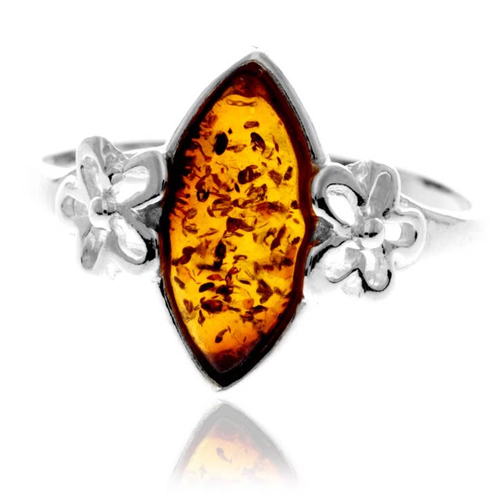 SilverAmber Jewellery – Großhandel Cocktail-/Statement-Ring – Blumenring aus 925er-Sterlingsilber und echtem baltischem Bernstein — GL409
