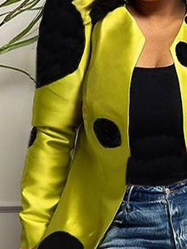 YELLOW Long Sleeves Loose Pleated Polka-Dot Split-Joint Round-Neck Outerwear for wholesale on Faire
