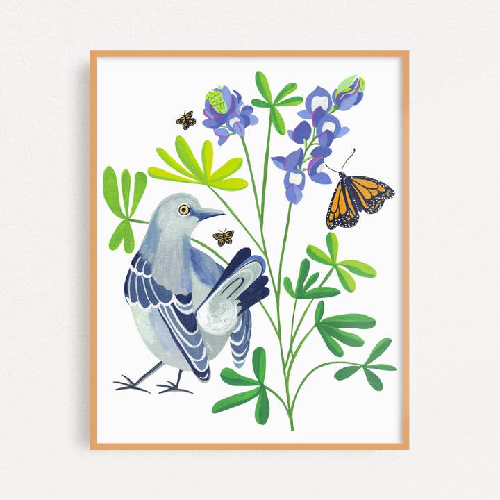 Mockingbird and Bluebonnets Art Print for wholesale by Leena Shanbhag Art