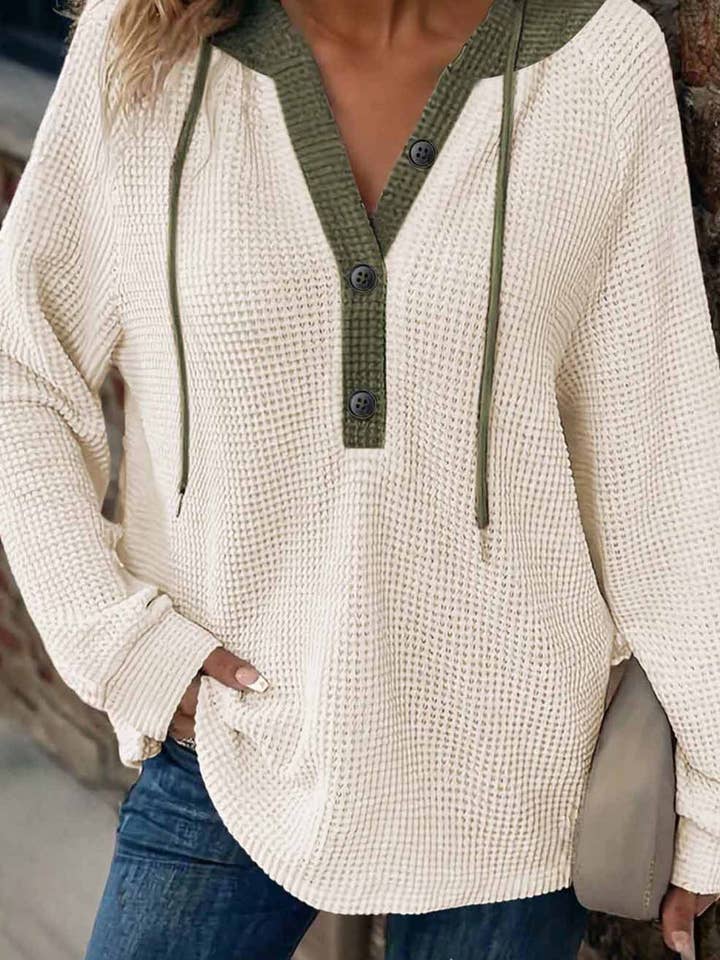 FB Colorblock Waffle Knit Hooded Pullover Top for wholesale by FASHION BLVD