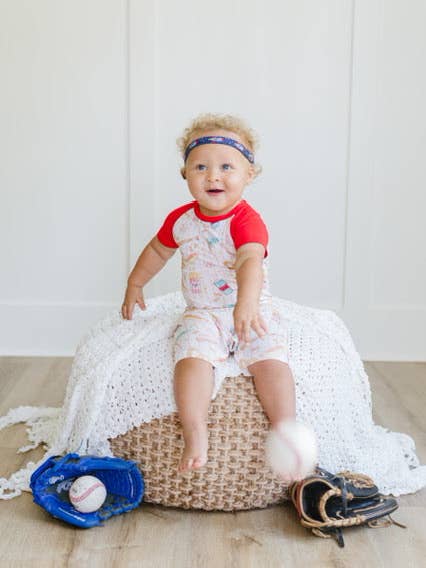 Baseball Snacks Raglan Romper for wholesale by Sweet Bay Clothing