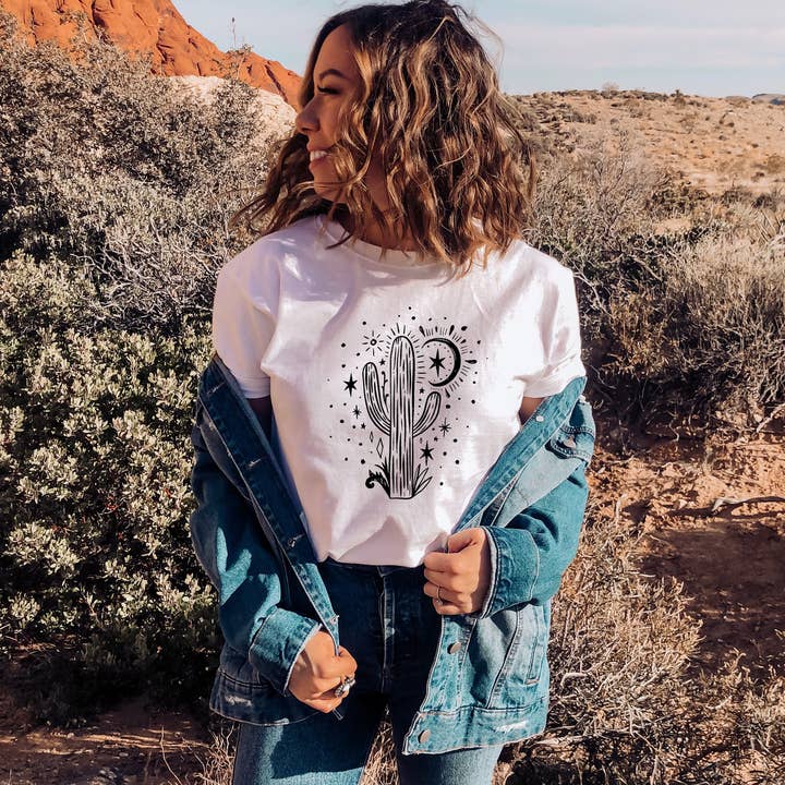 Cactus Desert Boho Unisex T Shirt Western Womens Shirt for wholesale by Rising Tide Vintage