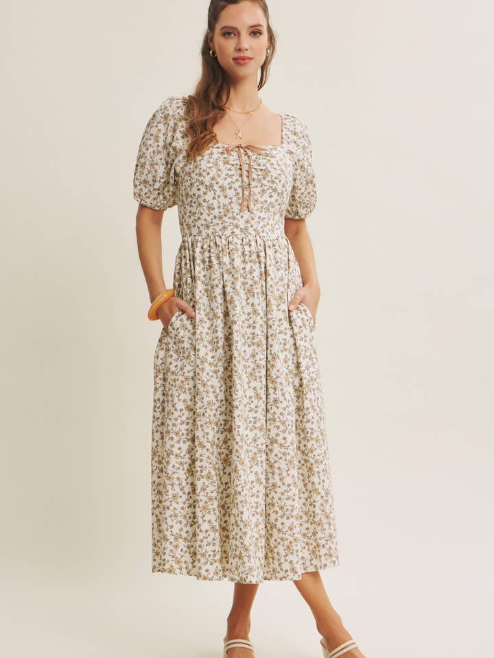 GOLDEN HOUR FLORAL PUFF SLEEVE MIDI DRESS WITH SMOCKED BACK for wholesale by in february