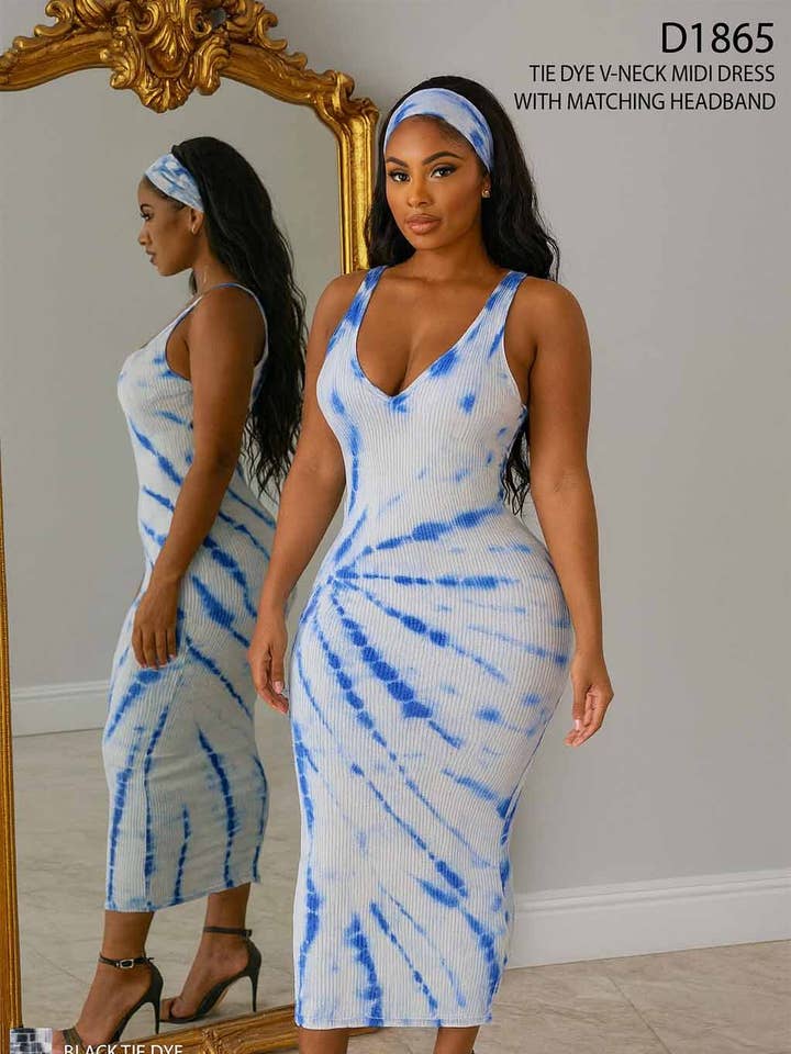 VESTIDO MIDI CON ESCOTE EN V DE TIE DYE CON DIADEMA para venta al por mayor de Dalia Studio