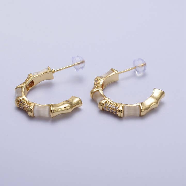 14K guld fyldt mikro brolagt CZ hvid katte øje bambus C formet Stud Øreringe | Y084 for engroshandel hos Aim Eternal